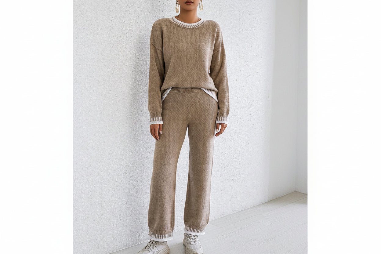 Women’s Casual Pullover Suit Top and Straight Wide-Leg Pants Two-Piece Set