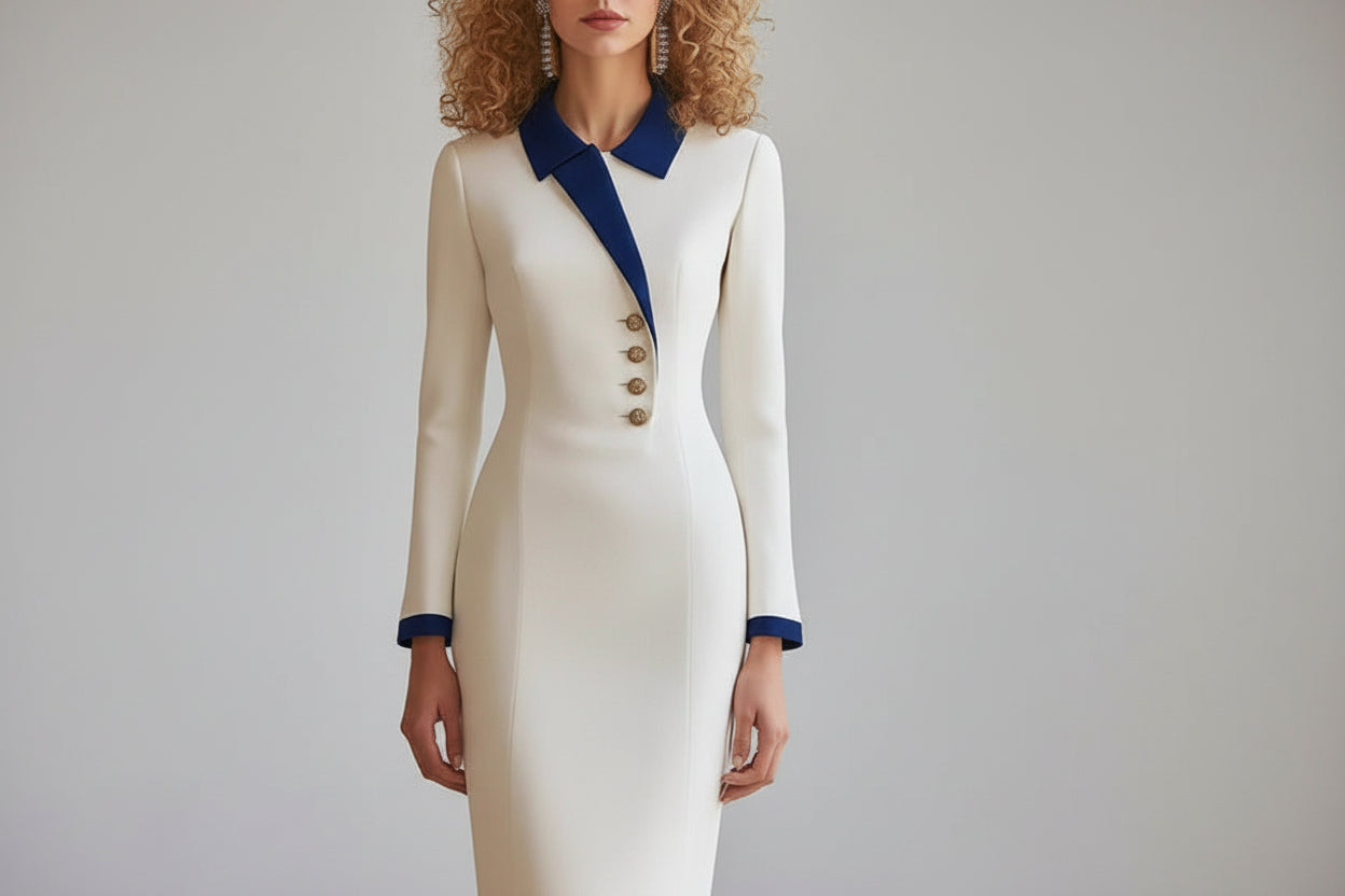 Women's Stylish Blue-And-White Contrast Lapel Dress