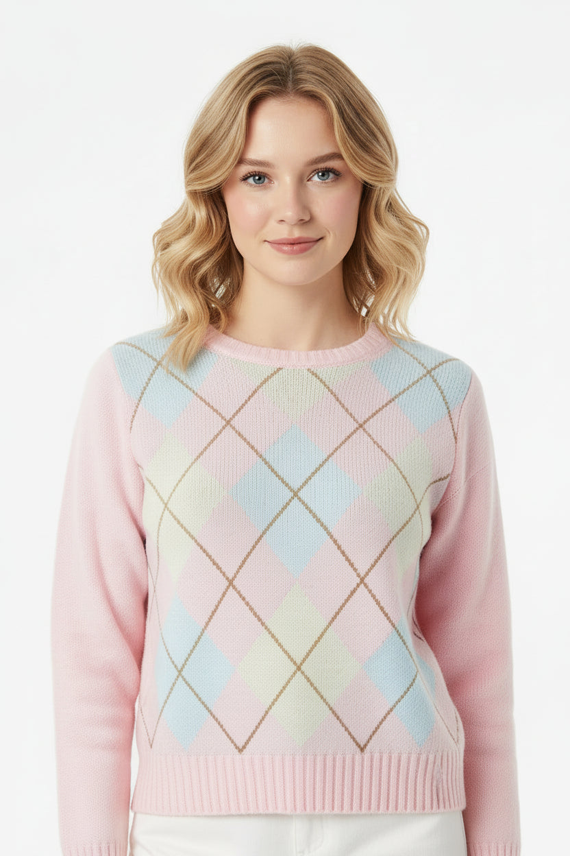 Diamond Check Loose Fit Round Neck Knit Sweater Long Sleeve Pullover