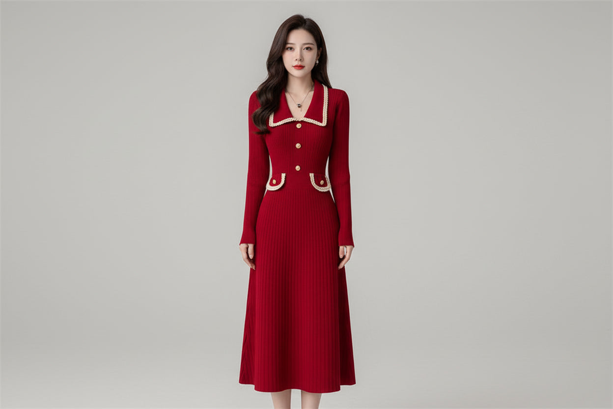 French Style Long Sleeve Knitted Dress for Women