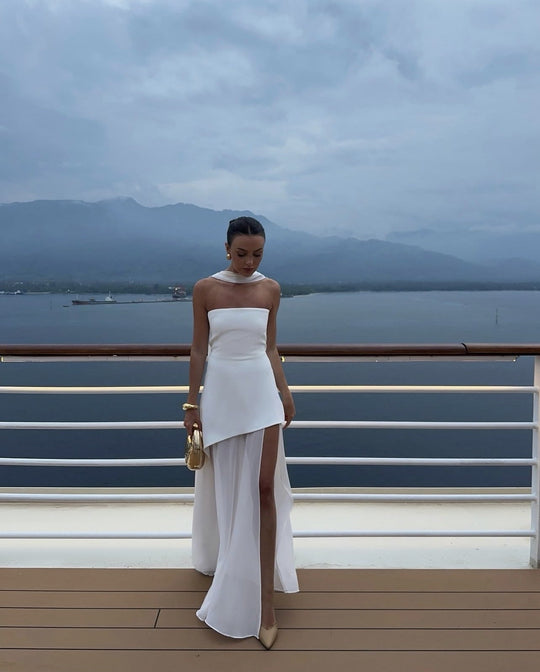 Noella | Women's Strapless Maxi Wedding Guest Dress with Scarf