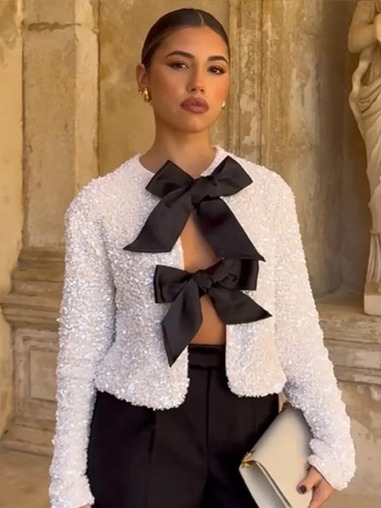 Bella | Women's Longsleeve Sequin Bow Party Top