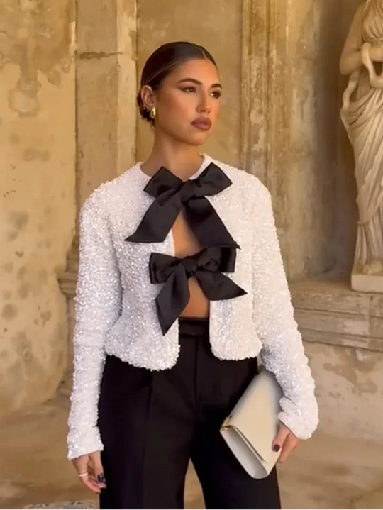 Bella | Women's Longsleeve Sequin Bow Party Top