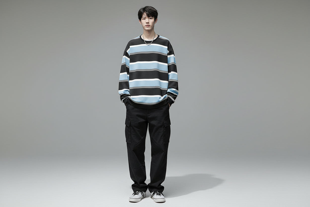 Men’s Autumn Striped Loose Fit Crew-Neck Sweatshirt