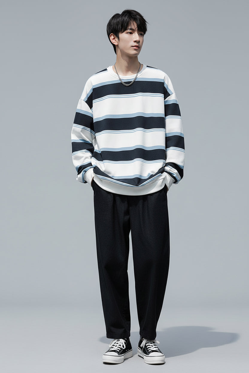Men’s Autumn Striped Loose Fit Crew-Neck Sweatshirt