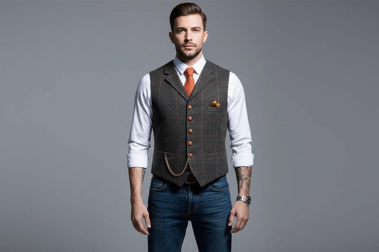 Men’s Casual Plaid Lapel Slim Fit Single-Breasted Vest