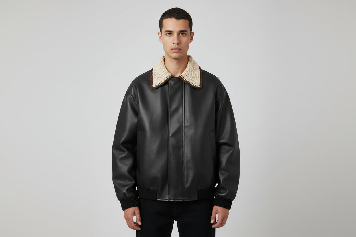 Men's Colour Block Lapel Collar PU Leather Jacket