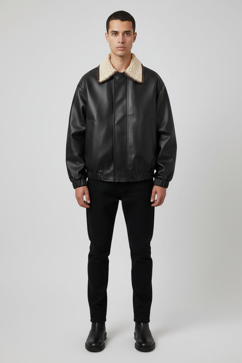 Men's Colour Block Lapel Collar PU Leather Jacket