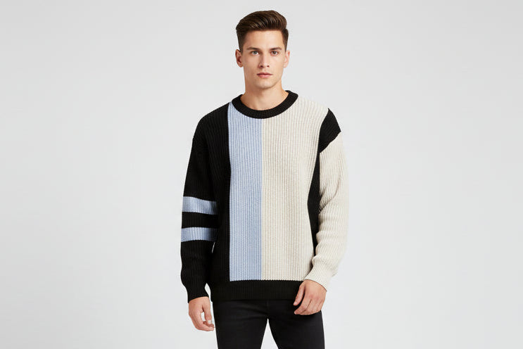 Men’s Contrast Color College Style Round Neck Pullover Sweater