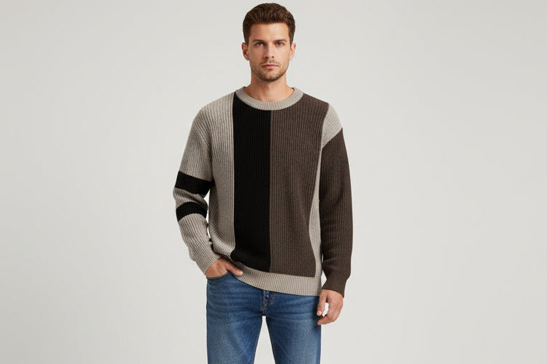 Men’s Contrast Color College Style Round Neck Pullover Sweater