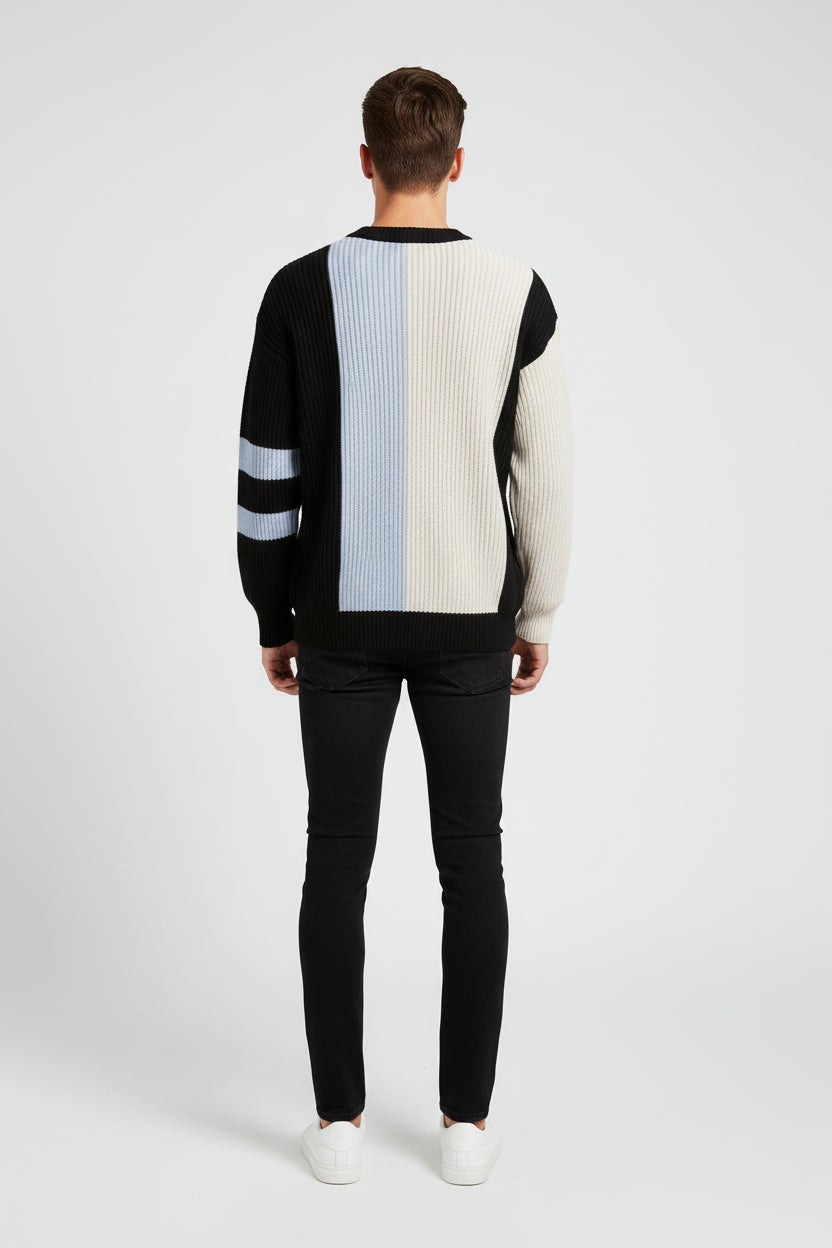 Men’s Contrast Color College Style Round Neck Pullover Sweater