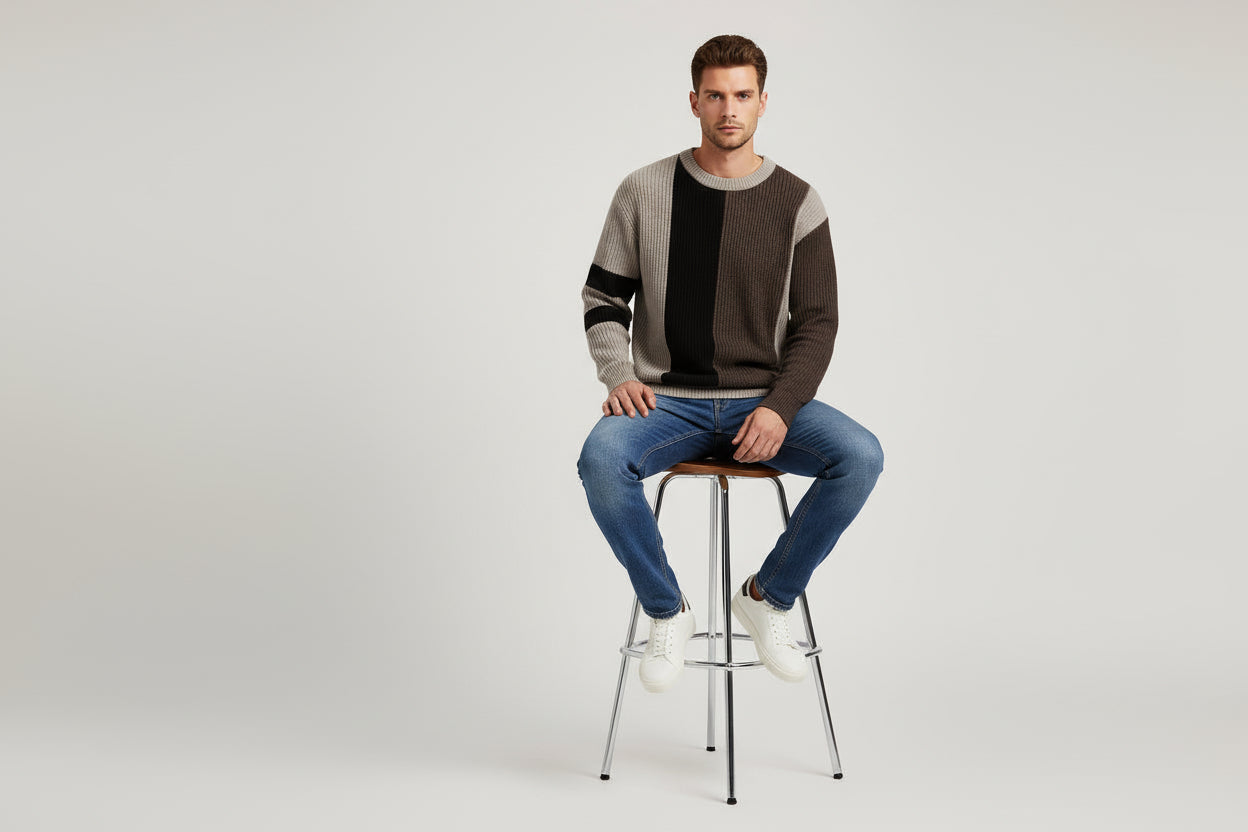 Men’s Contrast Color College Style Round Neck Pullover Sweater