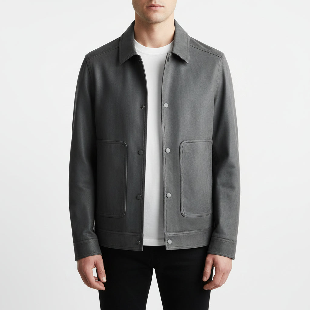 Men’s Lapel Cotton-Blend PU Jacket with Tailored Finish