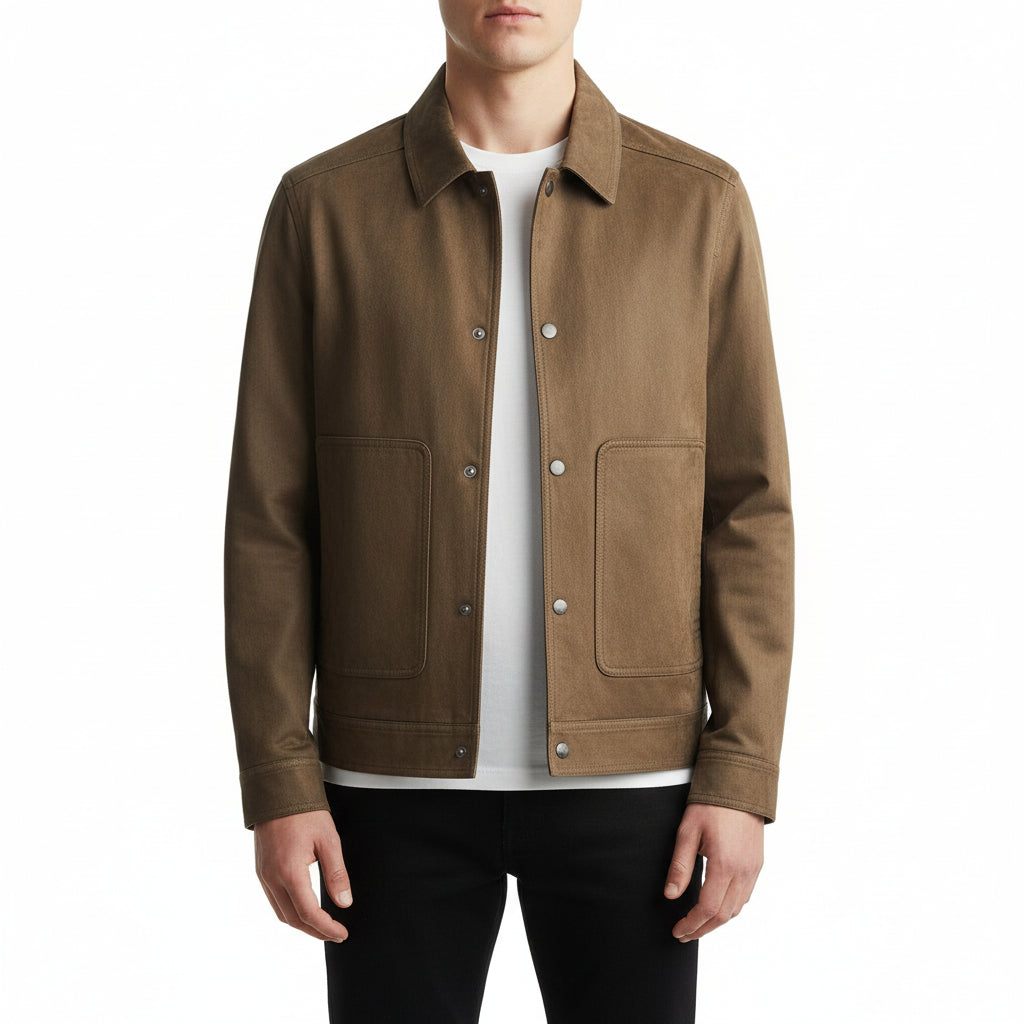 Men’s Lapel Cotton-Blend PU Jacket with Tailored Finish