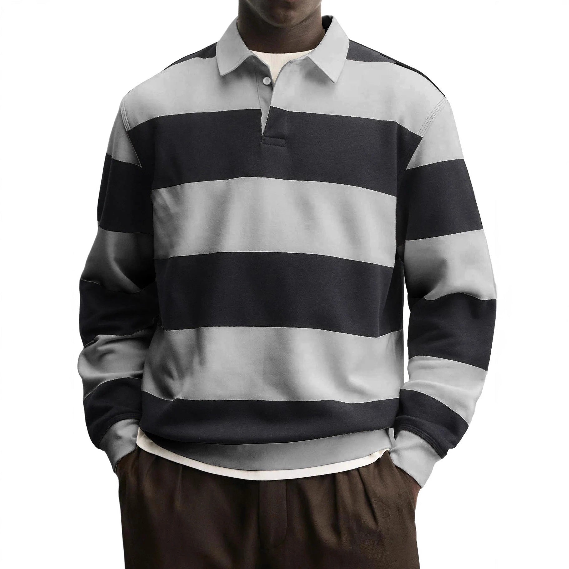 Men’s Loose Collar Long Sleeve Striped T-Shirt