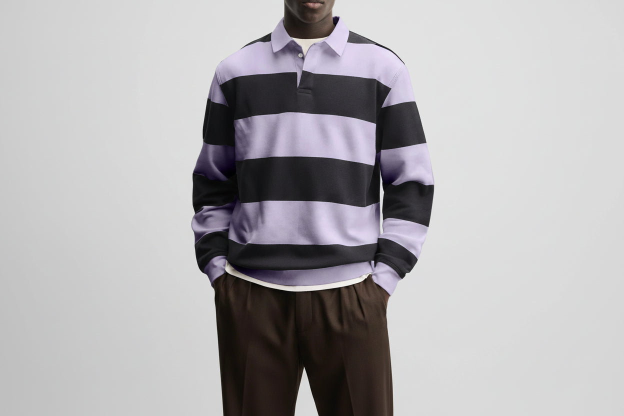 Men’s Loose Collar Long Sleeve Striped T-Shirt