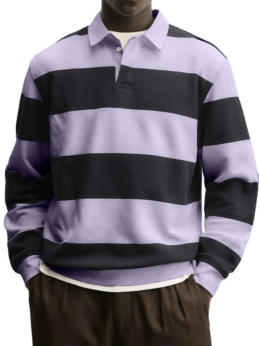 Men’s Loose Collar Long Sleeve Striped T-Shirt