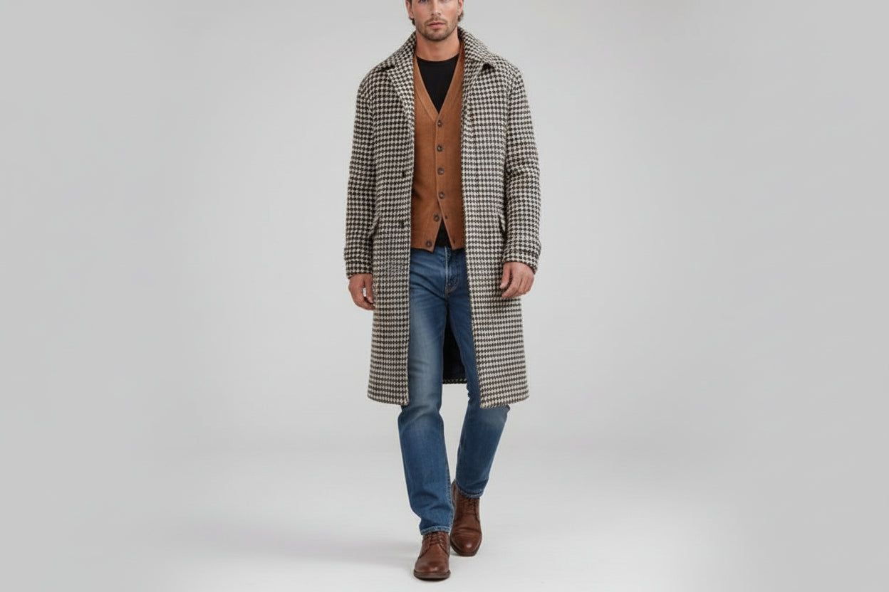 Men’s Mid-Length Houndstooth Wool-Style Quilted Coat