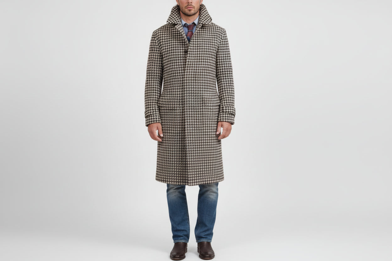 Men’s Mid-Length Houndstooth Wool-Style Quilted Coat