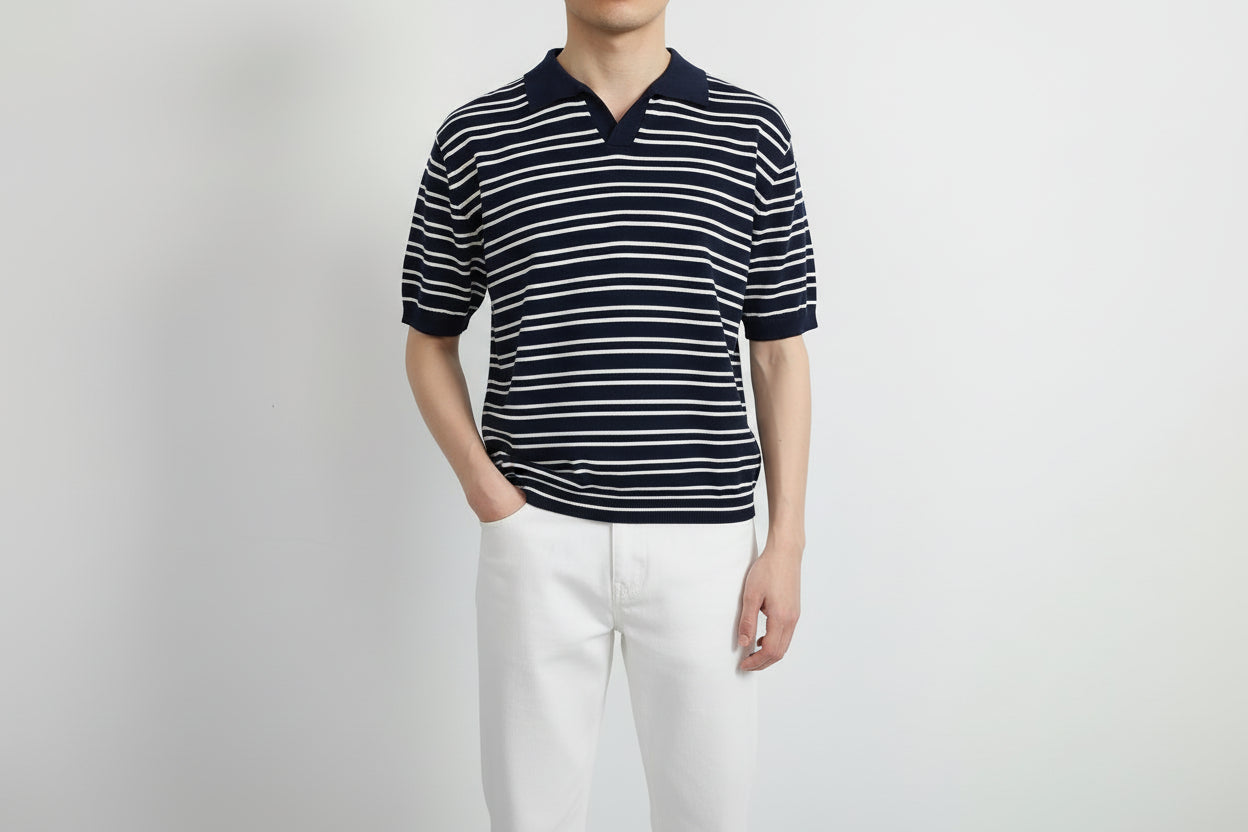Men’s V-Neck Striped Polo Shirt Short Sleeve Loose Fit Lapel T-Shirt