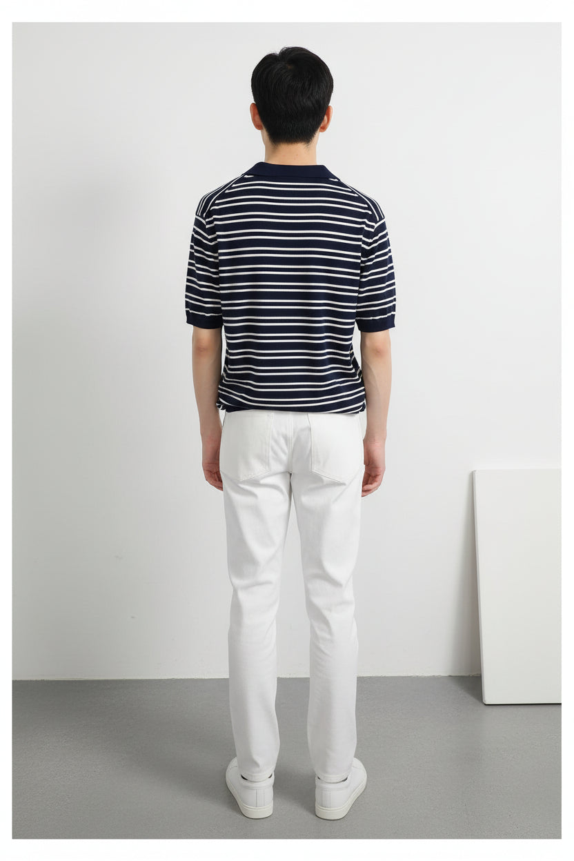 Men’s V-Neck Striped Polo Shirt Short Sleeve Loose Fit Lapel T-Shirt