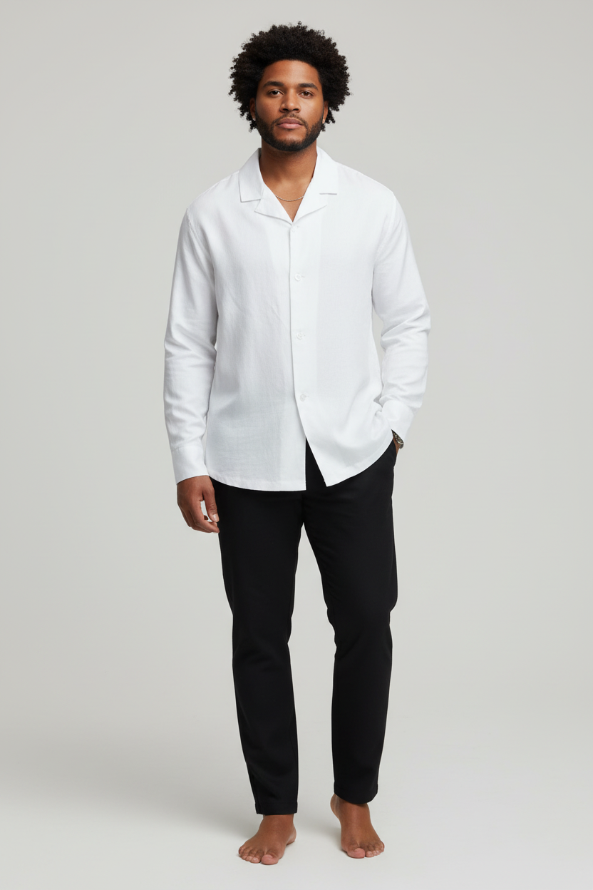 Full body front view white linen shirt