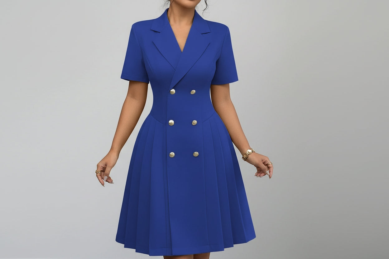 Short-Sleeve Double-Breasted Midi Dress for Women