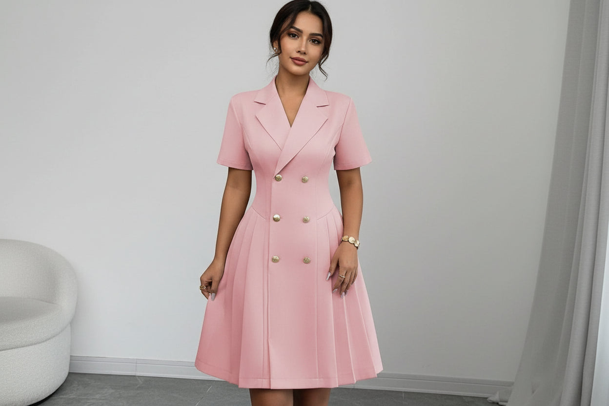 Short-Sleeve Double-Breasted Midi Dress for Women