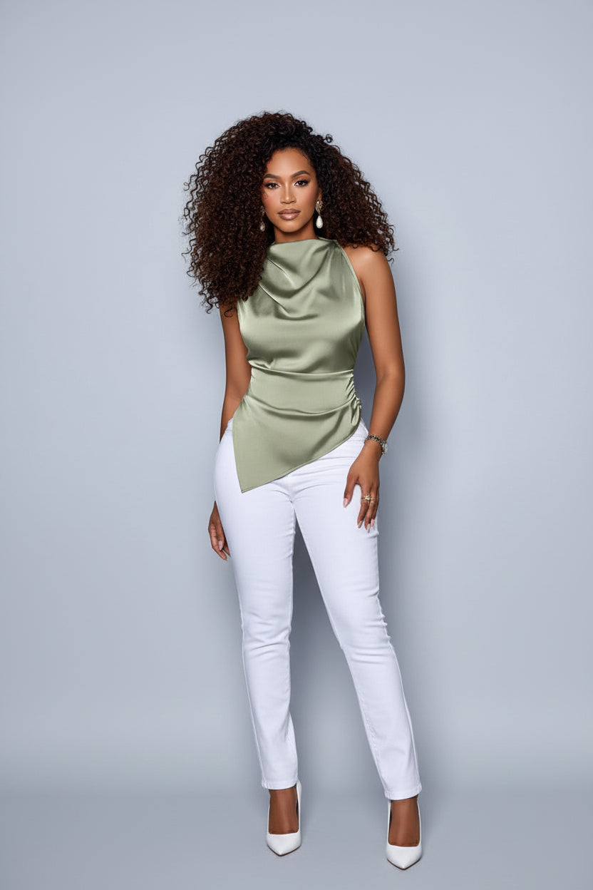 Women’s Asymmetric Satin Shirt Short Sleeve Solid Color Summer Blouse