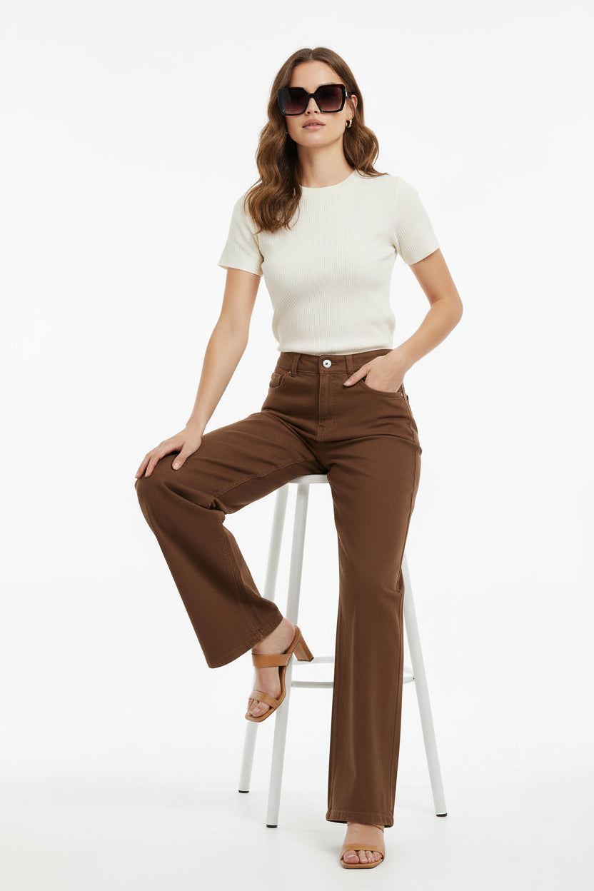 Women’s Brown High Waist Straight Leg Denim Jeans