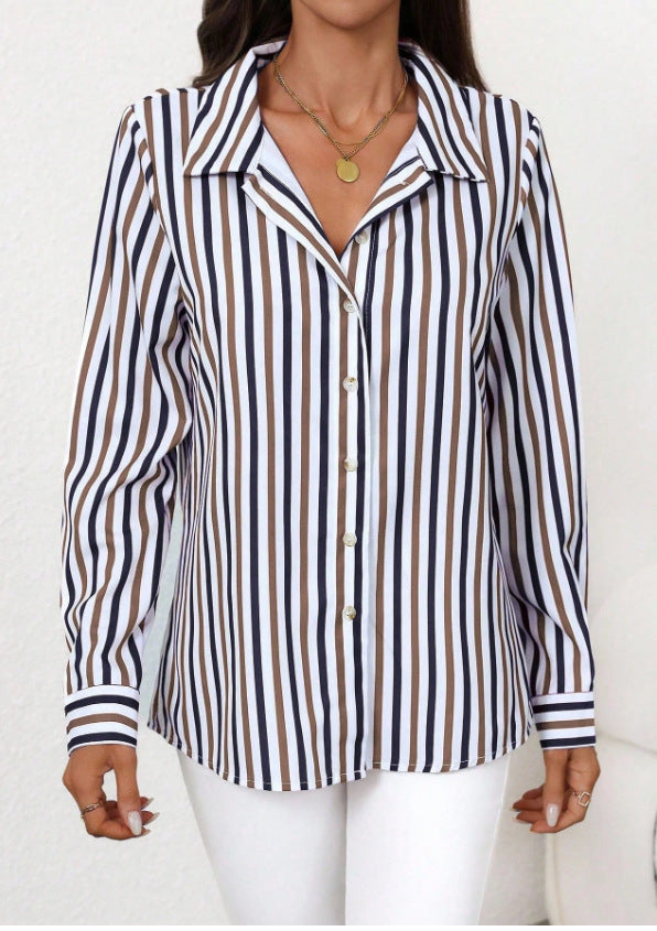 Women's Single-Breasted Long-Sleeve Casual Striped Shirt