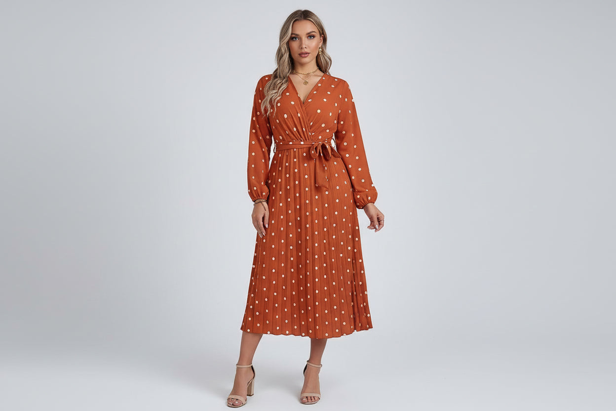 Women’s Color-Blocked V-Neck Polka Dot Maxi Dress