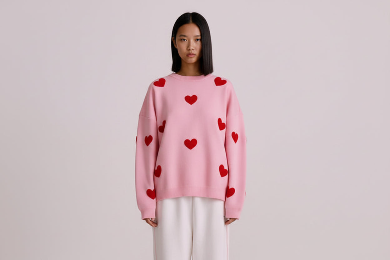 Women’s Embroidered Heart Knit Sweater Loose Fit