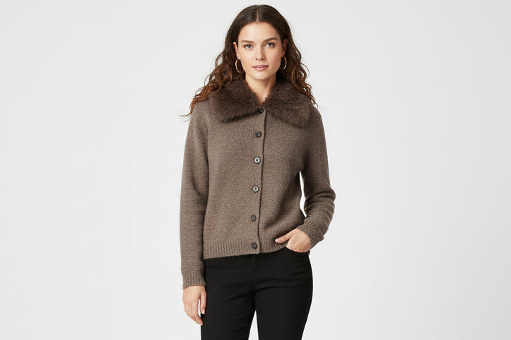 Women’s Faux Fur-Effect Lapel Knitted Coat