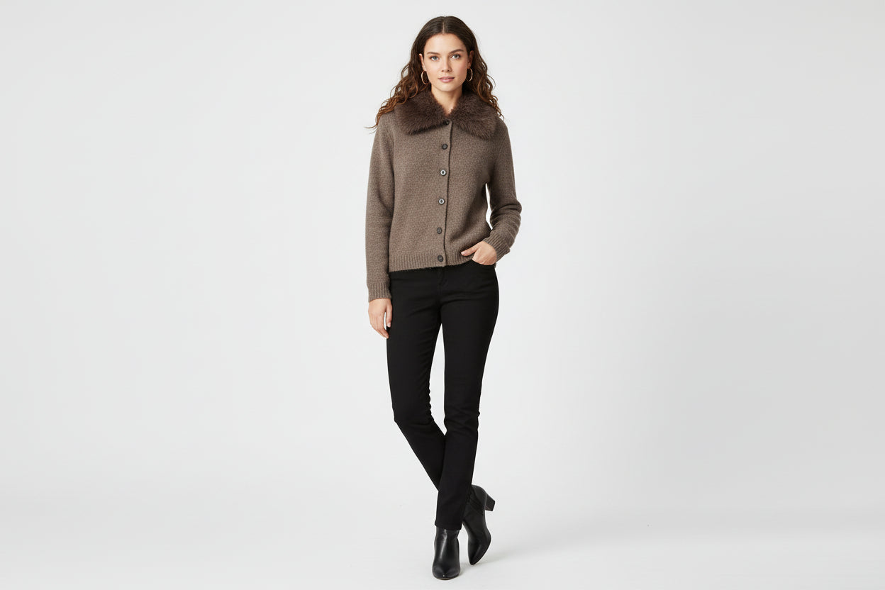 Women’s Faux Fur-Effect Lapel Knitted Coat