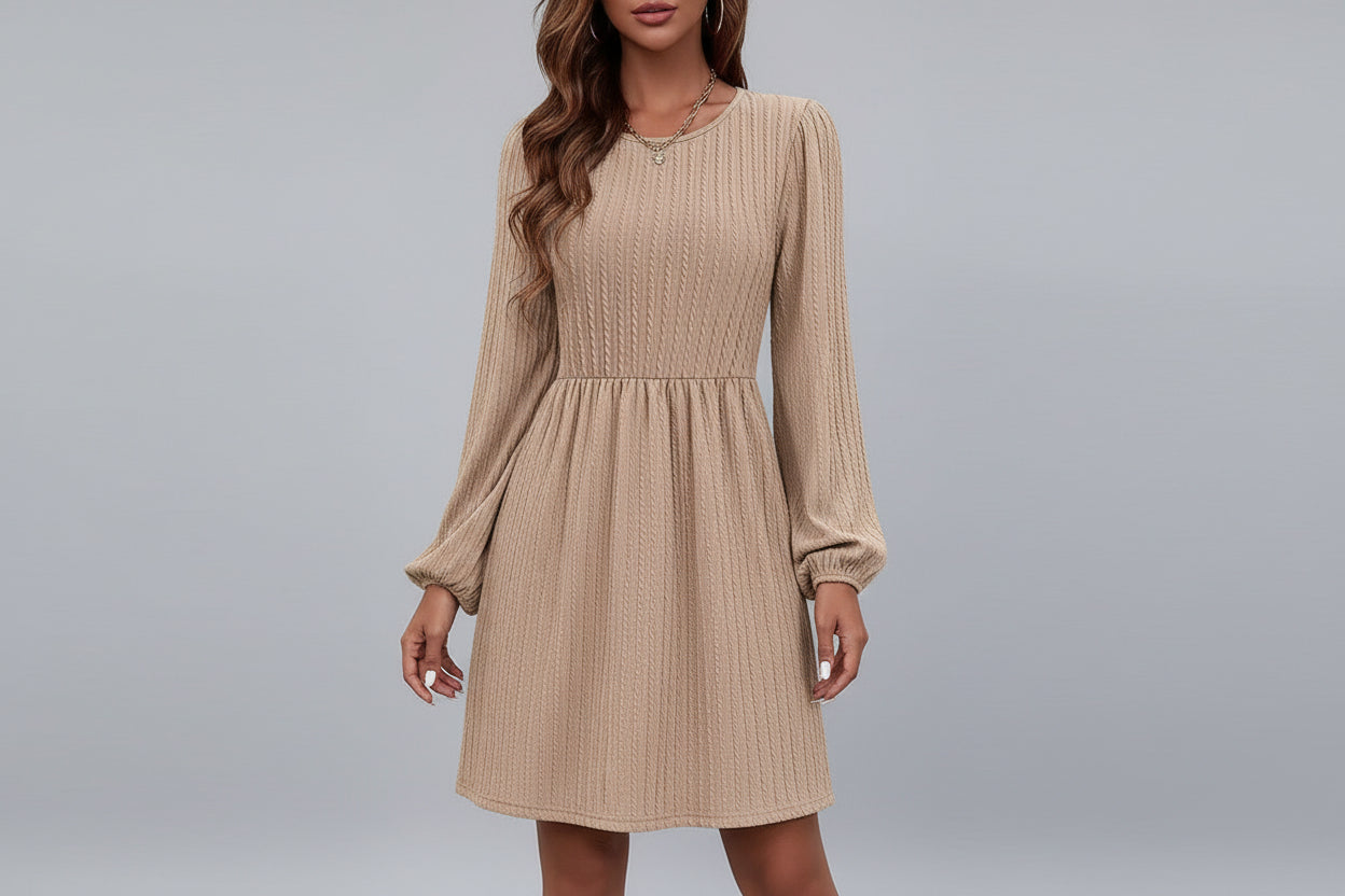 Women’s Jacquard Knitted Puff Sleeve Midi Dress