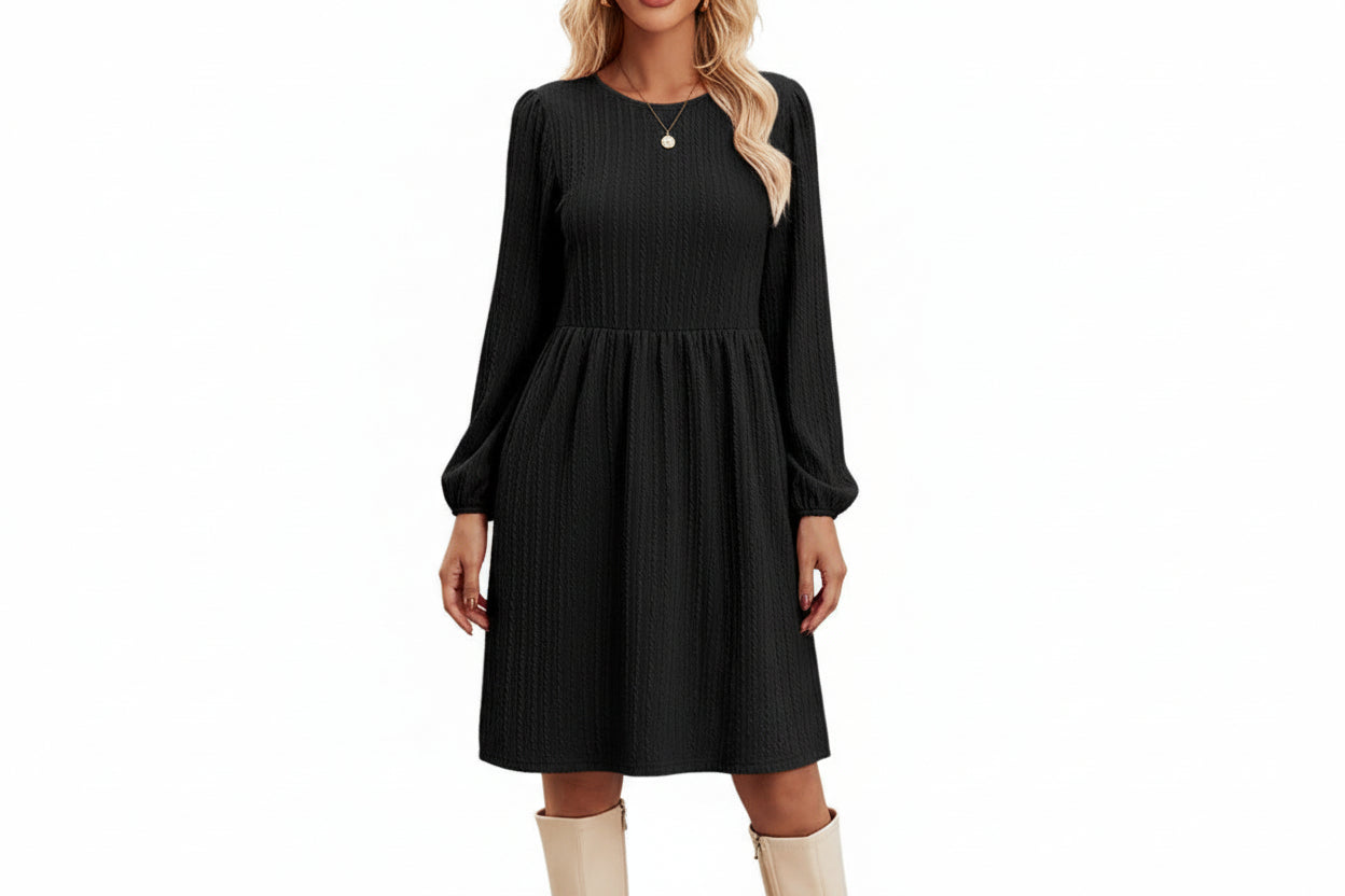 Women’s Jacquard Knitted Puff Sleeve Midi Dress