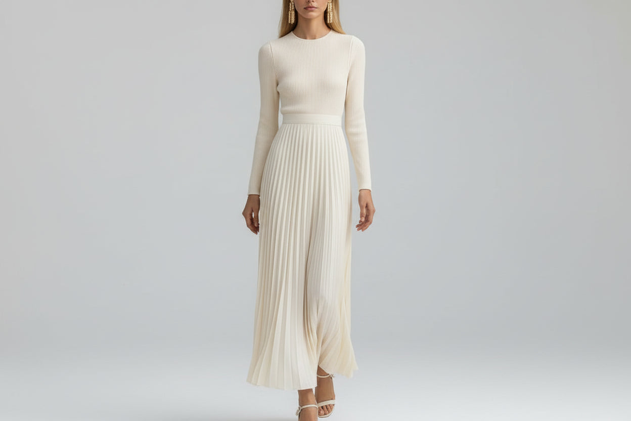 Women’s Long Sleeve Satin Knit Pleated Maxi Dress