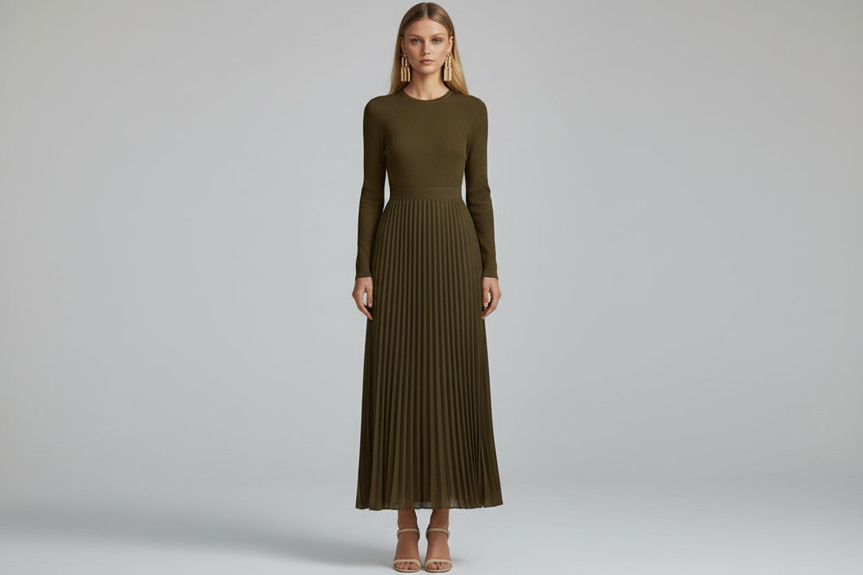 Women’s Long Sleeve Satin Knit Pleated Maxi Dress