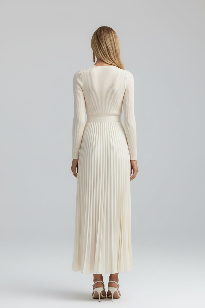 Women’s Long Sleeve Satin Knit Pleated Maxi Dress