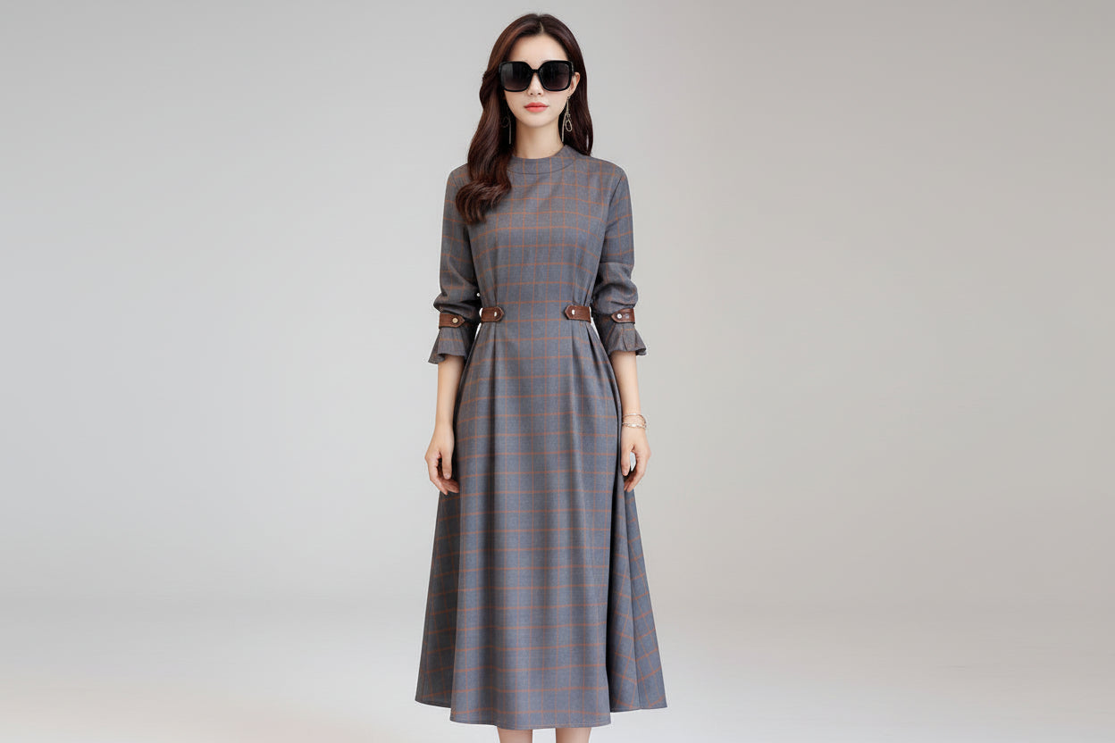 Women’s Korean Style Plaid Long Sleeve Maxi Dress