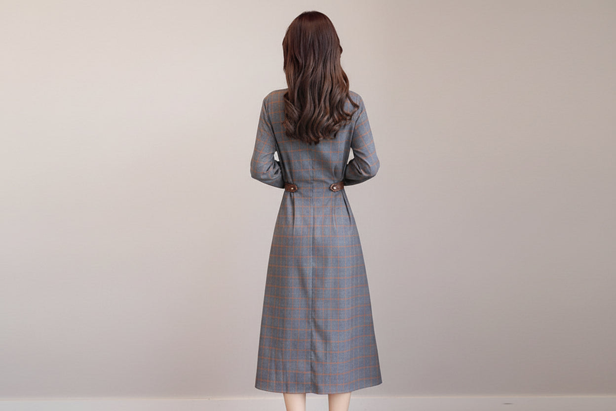 Women’s Korean Style Plaid Long Sleeve Maxi Dress