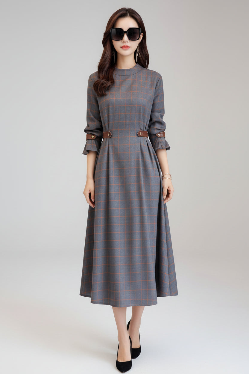 Women’s Korean Style Plaid Long Sleeve Maxi Dress