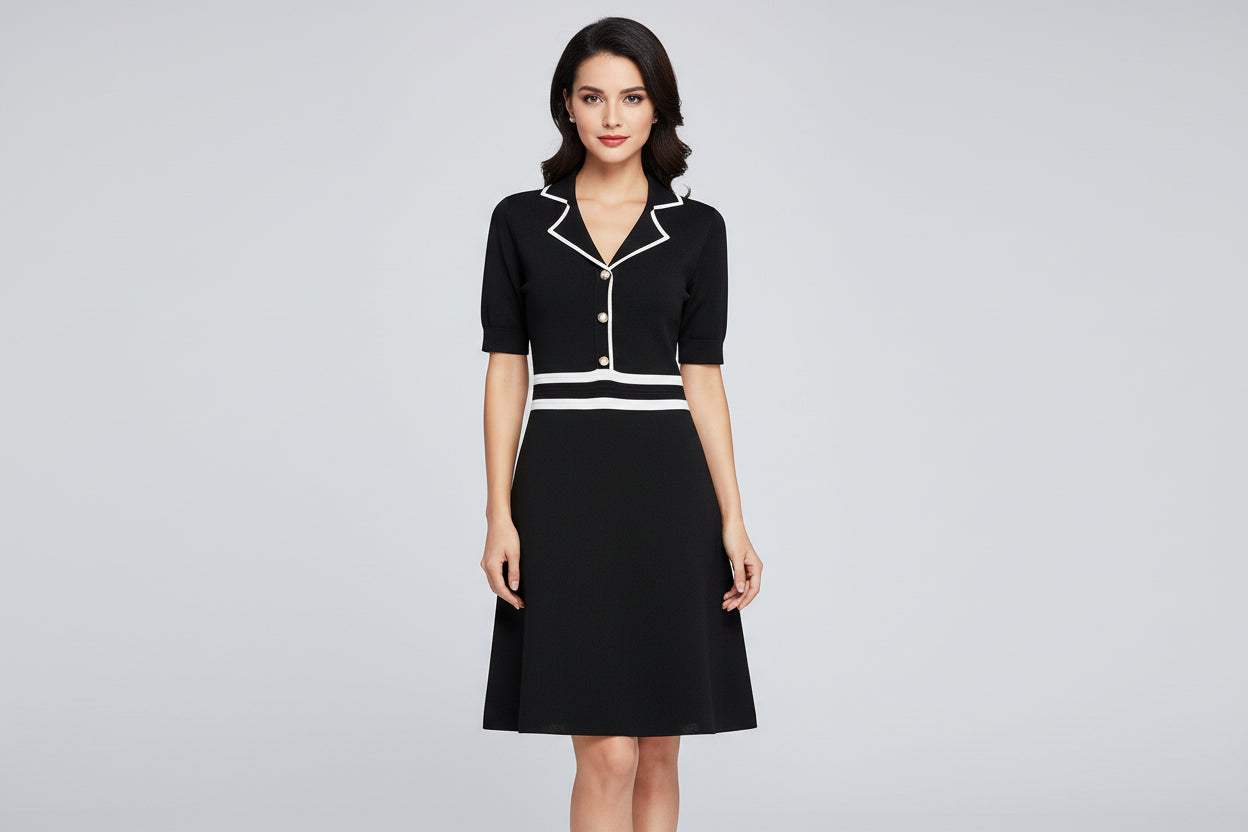 Women’s Lapel A-Line Short Sleeve High Waist Midi Dress