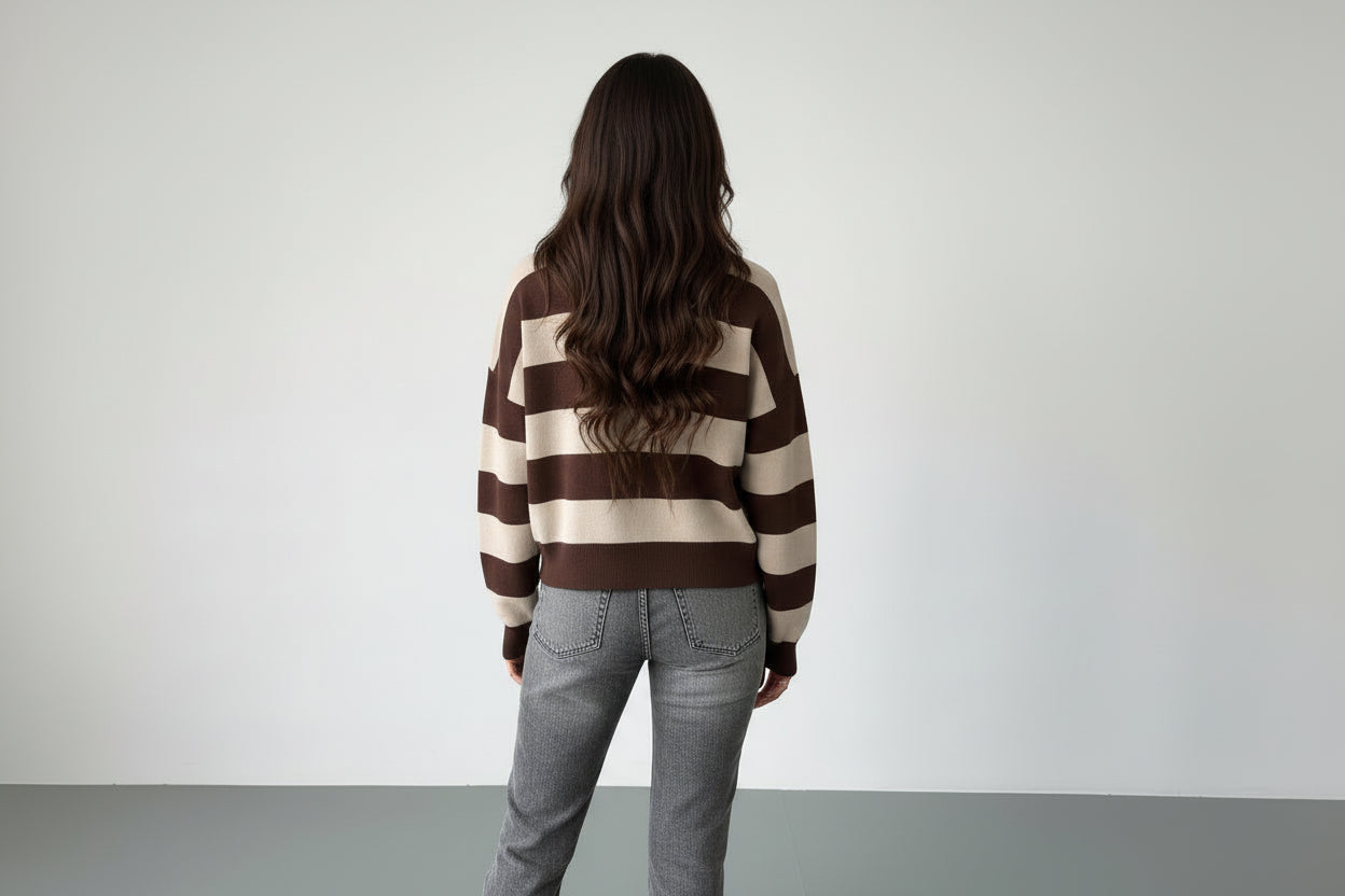 Women’s Lapel Half-Zip Striped Knit Sweater