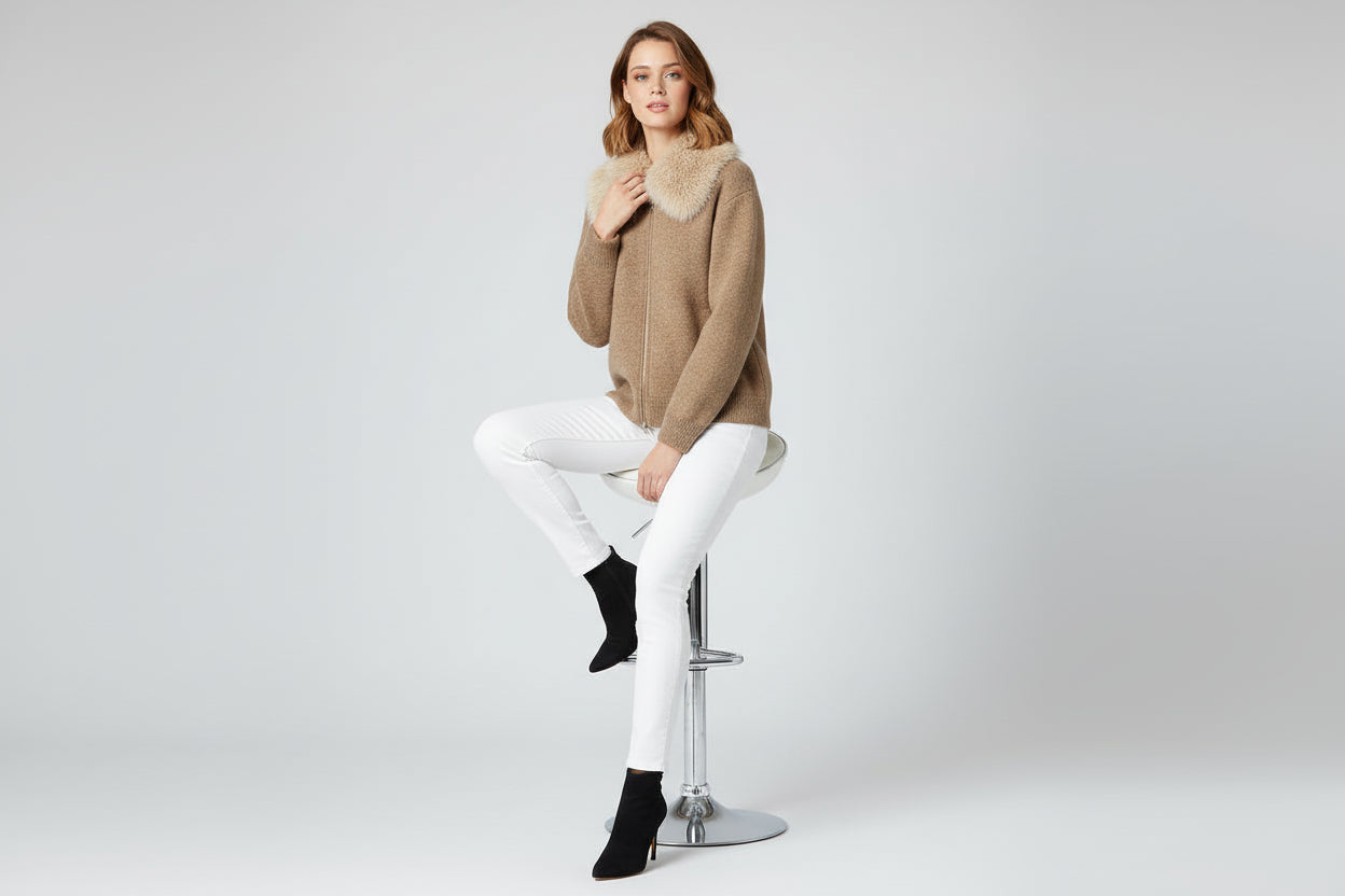 Women’s Lazy Style Knit Cardigan Jacket with Faux Fur Collar