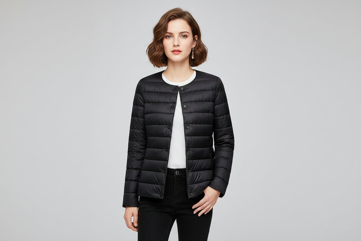 Women’s Lightweight Collarless Round Neck Slim Fit Down Jacket