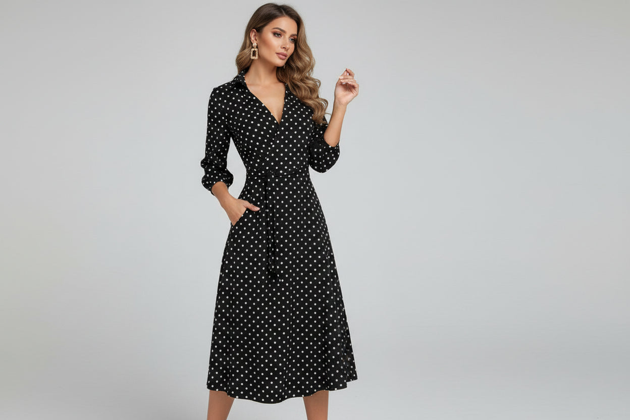 Women’s Long Sleeve Deep V-Neck Irregular Print Dress