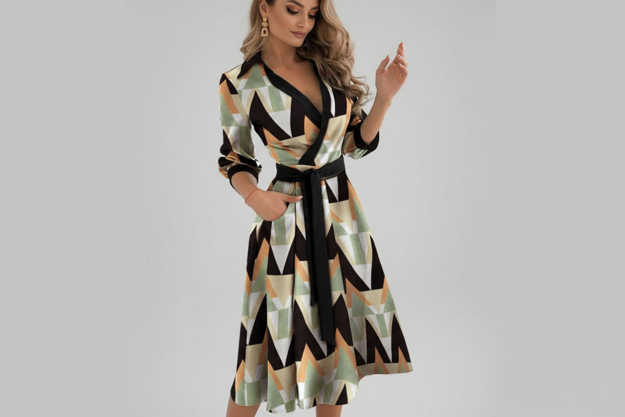 Women’s Long Sleeve Deep V-Neck Irregular Print Dress