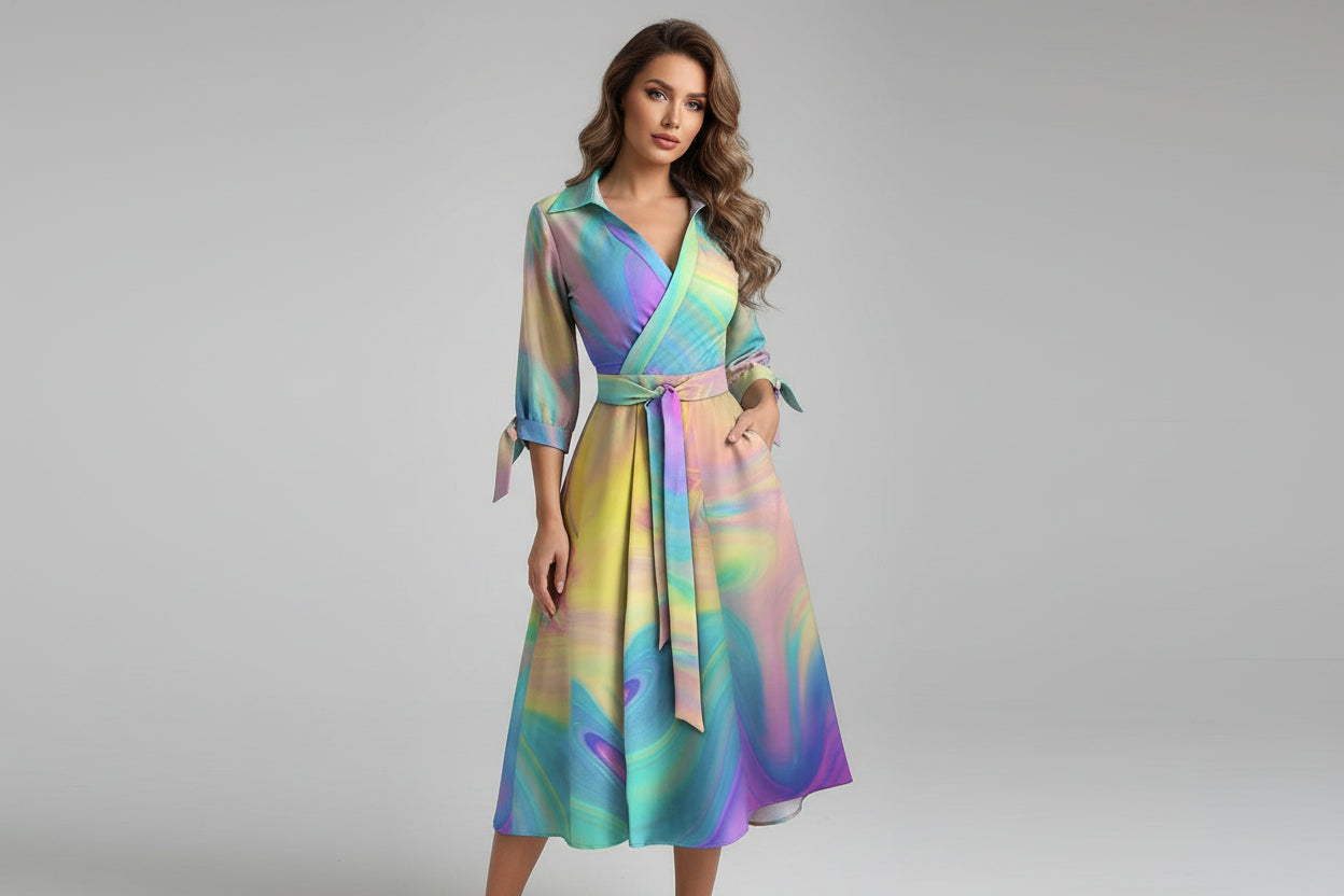 Women’s Long Sleeve Deep V-Neck Irregular Print Dress